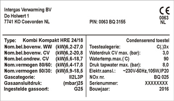 Naklejka znamionowa na urządzenia marki Intergas Verwarming BV