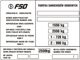 Tabliczka znamionowa FSO polonez 1989-1997