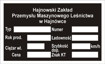 Tabliczka znamionowa Hajnówka przyczepka T-2 800 Dzik