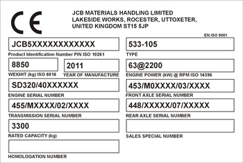 Tabliczka znamionowa JCB Materials Handling Limited