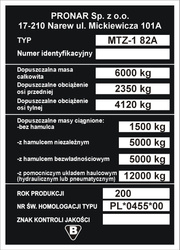 Tabliczka znamionowa do przyczep i maszyn PRONAR