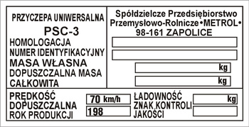 Tabliczka znamionowa do przyczep producenta Spółdzielcze Przedsiębiorstwo METROL