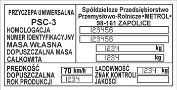 Tabliczka znamionowa do przyczep producenta Spółdzielcze Przedsiębiorstwo METROL z grawerem